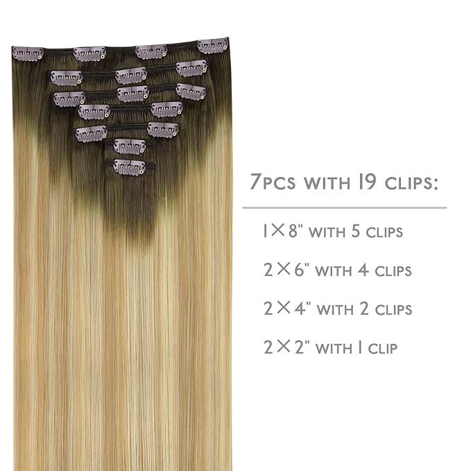 WENNALIFE Clip in Hair Extensions Real Human Hair, 22 Inch 120g 7pcs Remy Hair, Balayage Light Ash Brown to Light White Blonde Hair Extensions Clip In Real Hair Coloured