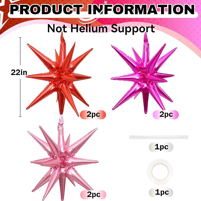 HILAVO 6PCS Star Balloons, 22Inch Huge Hot Pink Red Pink Star Balloon Foil - Image 2