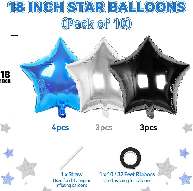Blue Black Silver Star Foil Balloons, 18 Inch Metallic Star Pentagram Balloons - Image 2