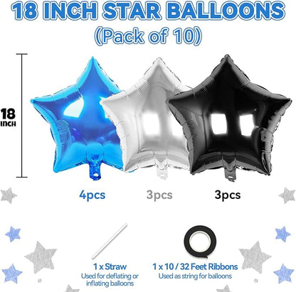 Blue Black Silver Star Foil Balloons, 18 Inch Metallic Star Pentagram Balloons - Image 2