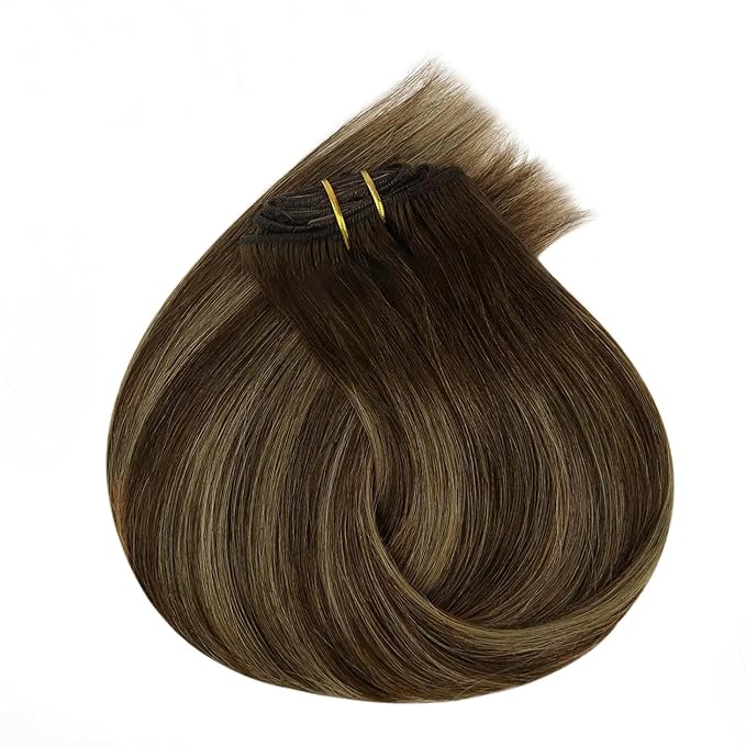 Ve Sunny Clip in Hair Extensions Real Human Hair Balayage Clip in Human Hair Extensions Ombre Brown with Blonde Clip on Extensions for Women Long Straight Hair 24inch 120g 7Pcs