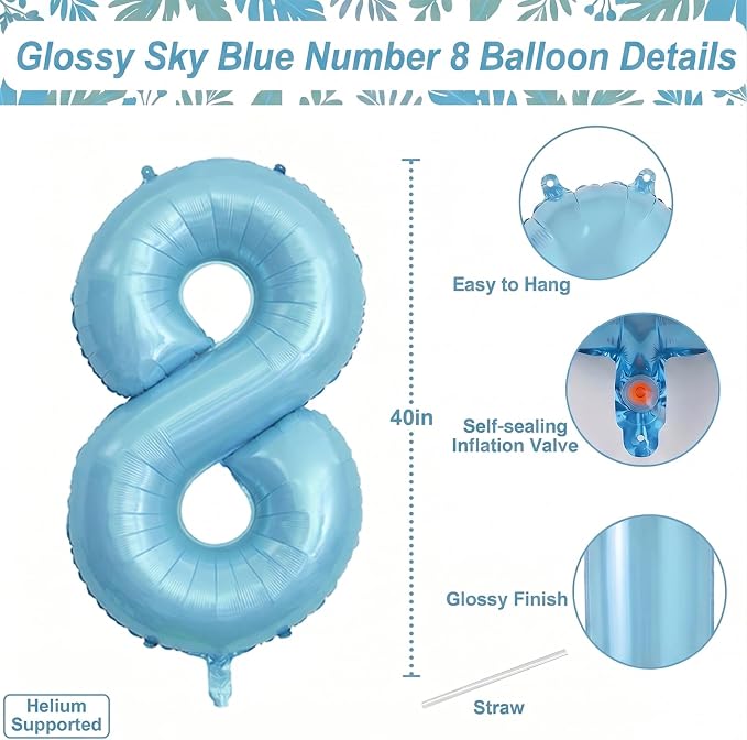 Pearlescent Blue Number 8 Balloon 40 Inch, Large Light Blue Mylar Foil Balloon - Image 4