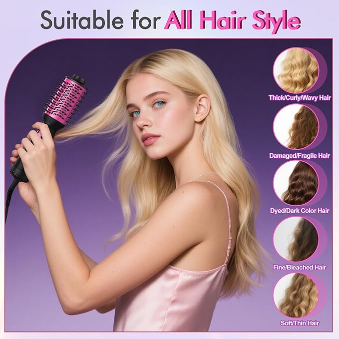 Dual Voltage Travel Hair Dryer Brush (100V-240V), Automatic Hot Air Brush with EU&UK Plug, 2 Inch Oval Barrel One Step Blow Dryer Brush and Negative Ion Anti-frizz Styling Brush