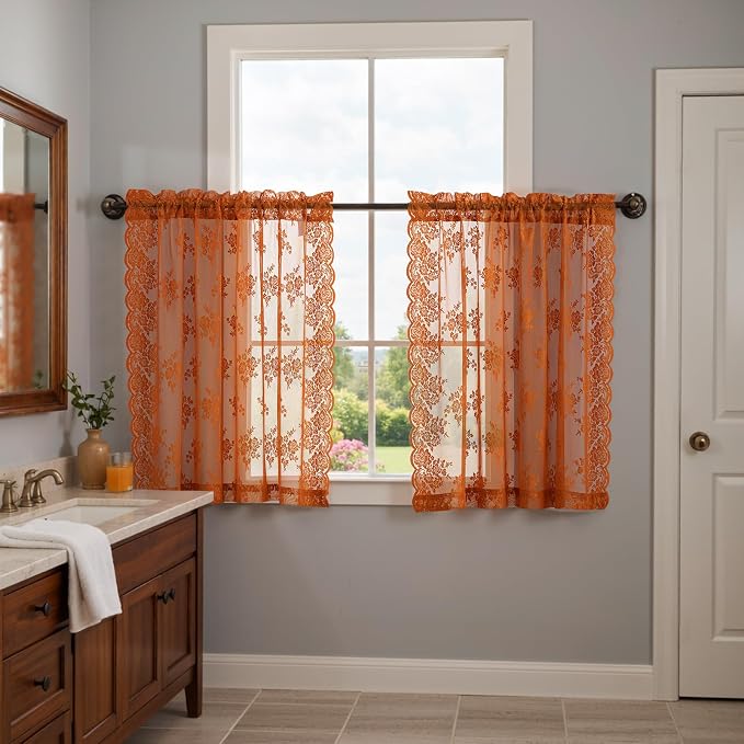 Kotile Burnt Orange Lace Kitchen Curtains Rustic Floral 2*W42 x L36 Inch | Rod - Image 7