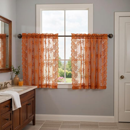 Kotile Burnt Orange Floral Sheer Curtains - Image 5