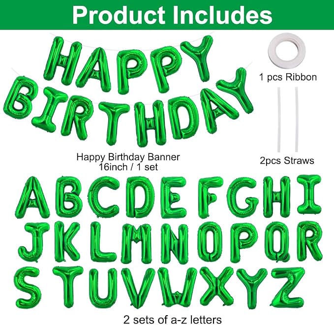 TONIFUL 65 Pcs 16 Inch Green Happy Birthday Balloons and 2 Sets A-Z Foil - Image 2