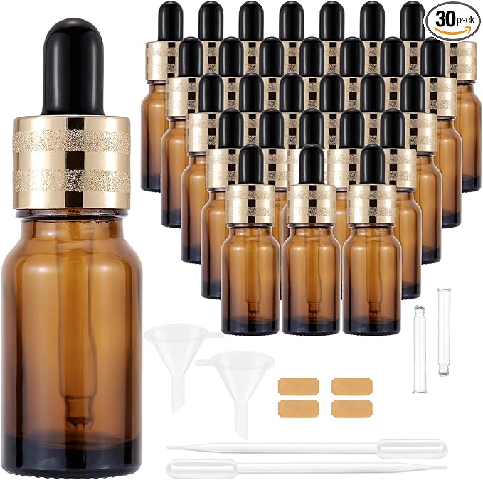 30 Pack 10ml Amber Glass Dropper Bottles with Droppers, Funnels & Labels for Essential Oils, 1/3oz Eye Dropper Bottles with Golden Caps, Brown Empty Glass Tincture Vials for Travel
