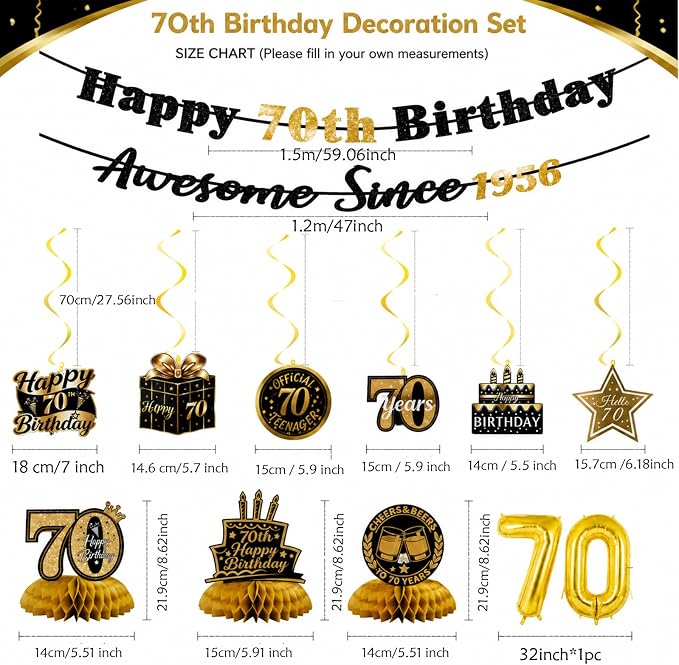 70th Birthday Decorations For Men Women, Pre-Strung Black Gold Happy 70th - Image 4