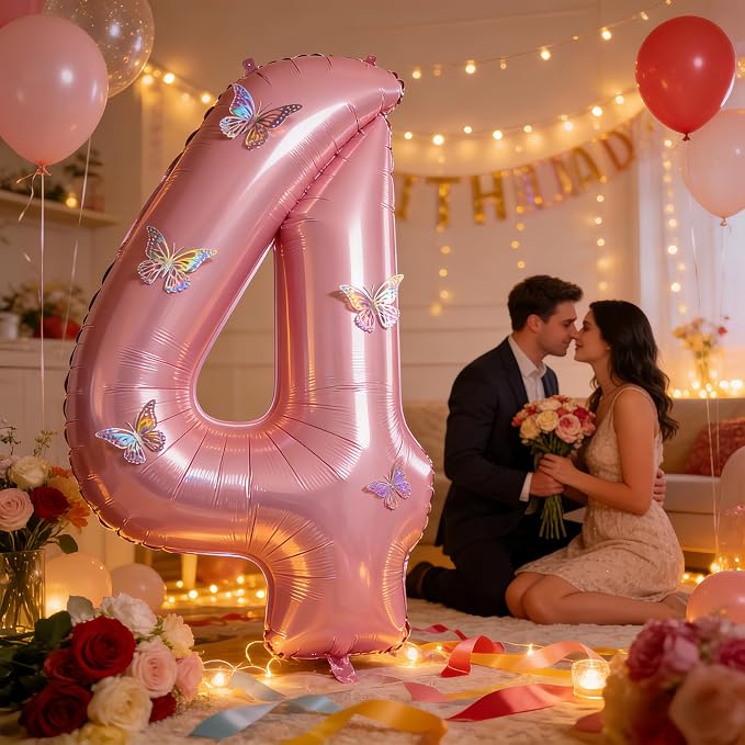 40 Inch Number Balloon Pink Large Mylar Foil Pink Number Balloons and Butterfly - Image 7