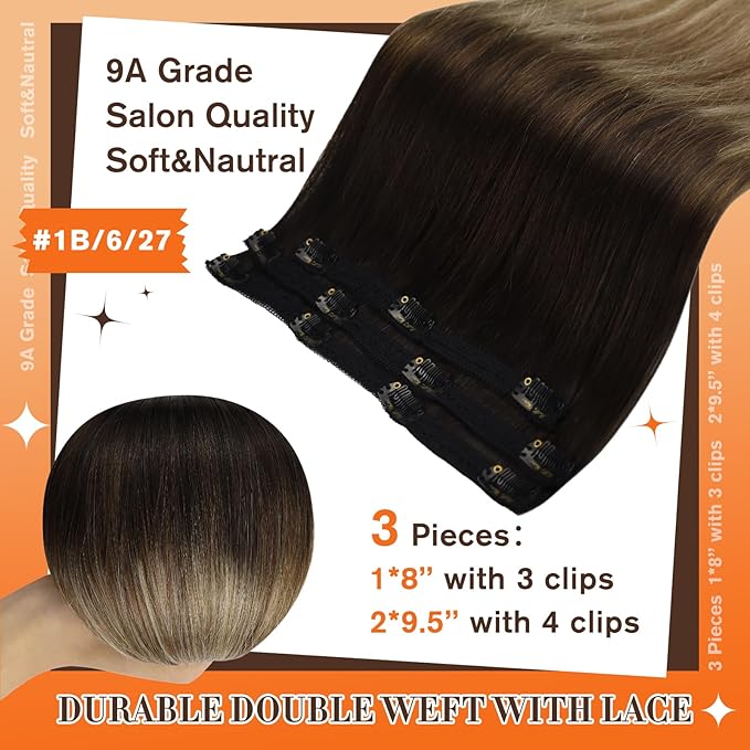 Full Shine Clip in Hair Extensions Human Hair Black Roots Hair Clip in Extensions Balayage Remy Hair Ombre Brown with Honey Blonde Straight Clip ins Ease of Use 3 PCS 60 G