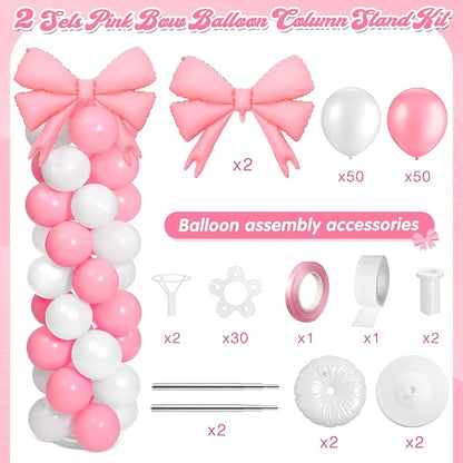 2 Sets Pink White Bow Balloon Column Stand Kit Includes 2 Bows & 100 Latex - Image 2