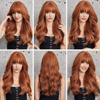EMMOR Orange Brown Long Wigs for Women, Natural Wavy wig with Bangs Heat Resistant Fiber Synthetic Wigs for Daily Party（Strawberry blonde）