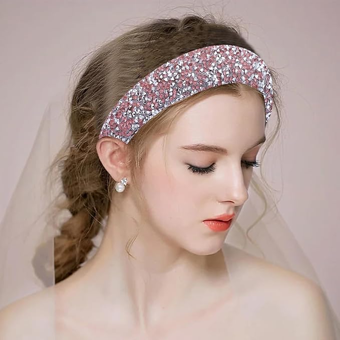 2PCS Rhinestone Wide Headbands for Women Sparkle Padded Headband Fashion Glitter Hairbands Comfort High Elastic Head Band Bling Hair Accessories for Womens Girls Hair