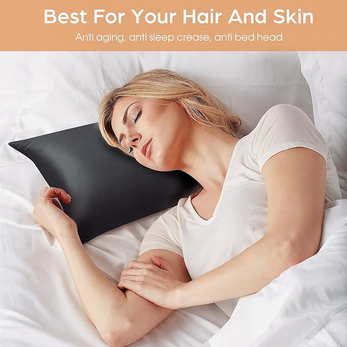 Silk Pillowcase for Hair and Skin, 2 Pack 100% Mulberry Silk Pillowcase 25 Momme, 600 Thread Count, Both Side Pure Silk Pillow Cover with Hidden Zipper (BlackGray, Queen 20''×30'')