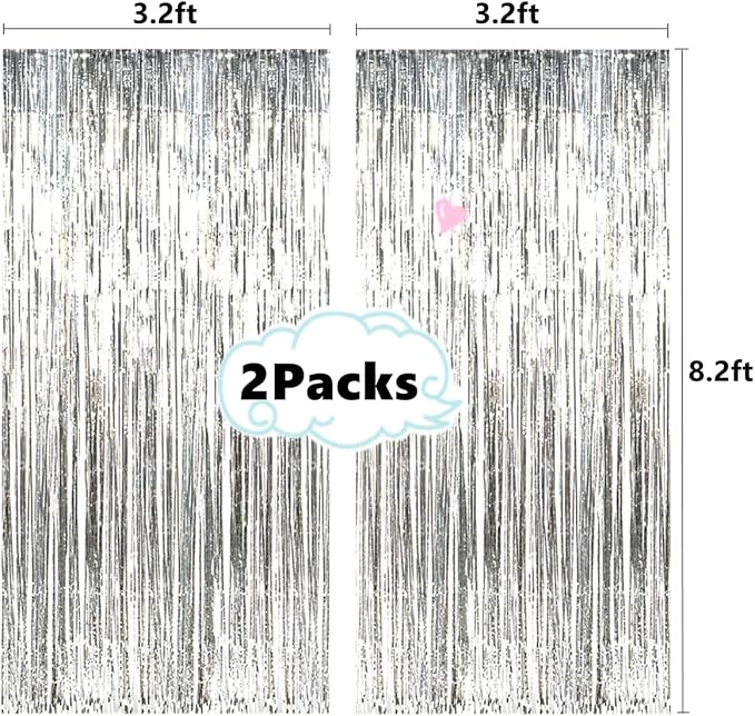 2 Pcs 3.2ft x 8.2ft Shiny Silver Metallic Tinsel Foil Fringe Curtains Photo - Image 2