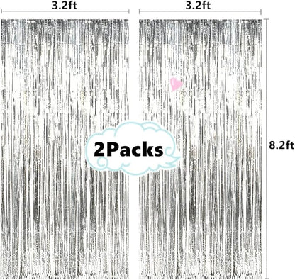2 Pcs 3.2ft x 8.2ft Shiny Silver Metallic Tinsel Foil Fringe Curtains Photo - Image 2