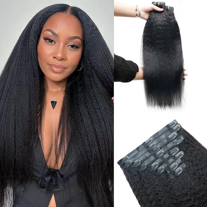 Kinky Straight Clip in Hair Extensions Real Human Hair 2 Pack 240g Seamless Clip in Hair Extensions for Women Full Max with 16Pcs PU Skin Weft 22inch Natural Black