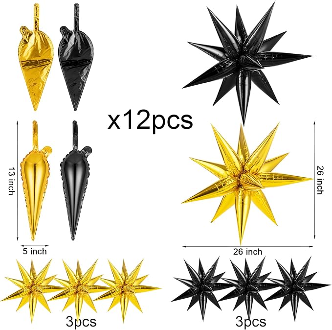 Gold Black Star Balloons, 12 Point Large Spike Balloon - Image 2