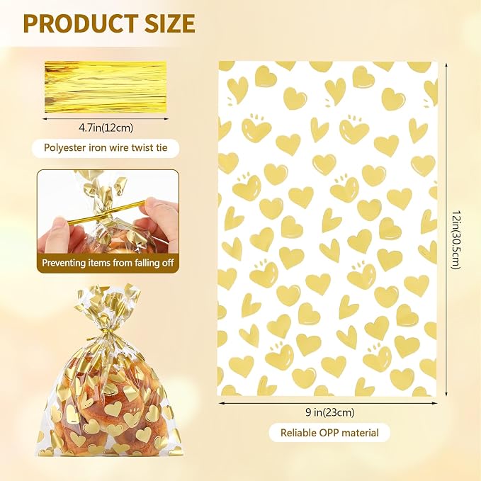COQOFA 50 Pcs 9X12 IN Gold Heart Cello Cellophane Treat Bags - Image 2
