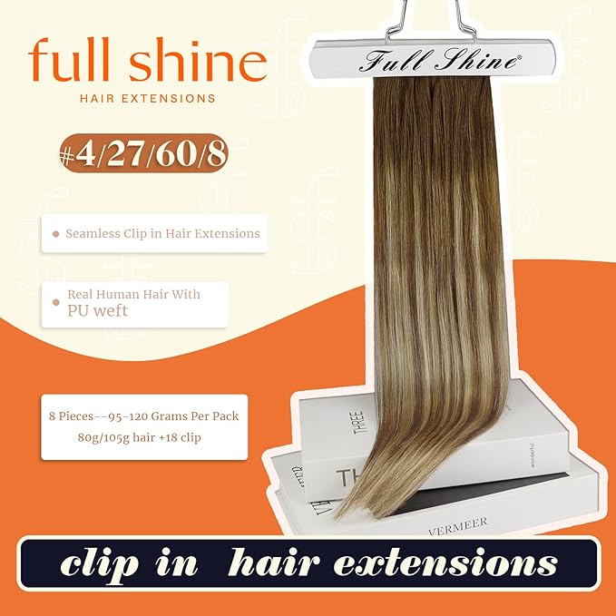 Full Shine Balayage Hair Extensions Clip in Ombre Medium Brown to Honey Blonde and Platinum Blonde Seamless Clip in Hair Extensions 22 Inch Remy Hair 8 PCS 120 G