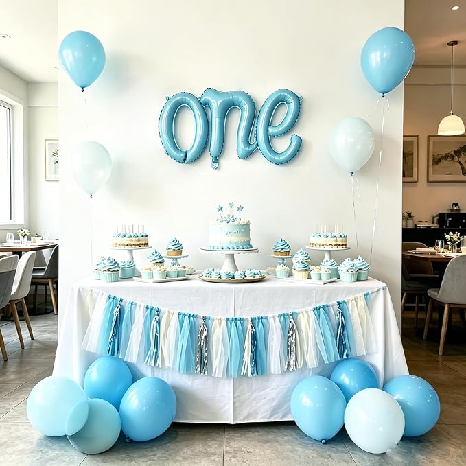 2Pcs Matte Blue Foil 40" Number 1 and 26" Script Letter One Balloon Set | Large - Image 5