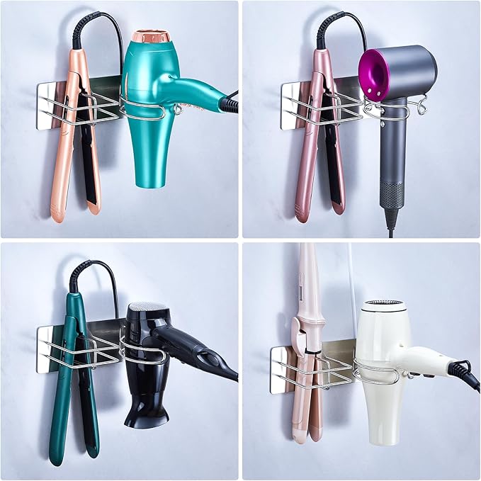 Hair Dryer and Straightener Holder Wall Mounted, Self Adhesive Blow Dryer and Flat Iron Storage Hair Tool Organizer for Bathroom Vanity (Silver)