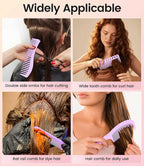 6PCS Professional Hair Comb Set for Women & Men Rat Tail, Wide & Fine Tooth Combs for Curly Hair, Braiding, Barber Styling, Cutting & Parting (Purple)