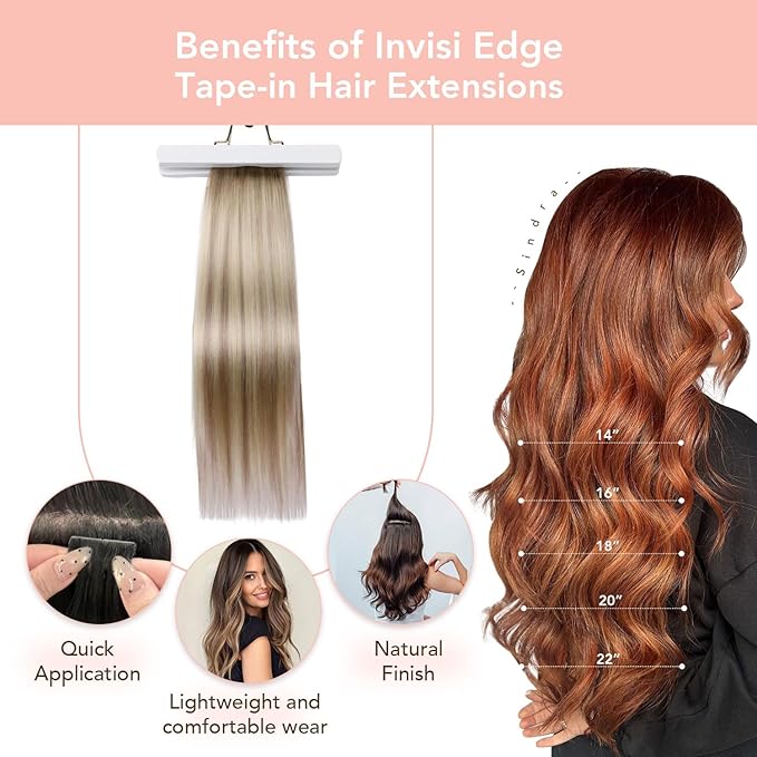 Sindra Invisi Edge Tape in Extensions Human Hair, Invisible Tape in Hair Extensions Ash Brown mixed Platinum Blonde and Ash Blonde Natural Seamless 16 Inch 45g 20pcs/pack