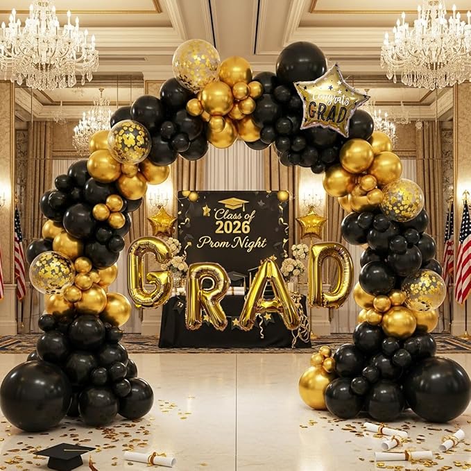Black and Gold Graduation Balloon Arch Kit, 1 Congrats Star, 8 Gold Confetti - Image 6