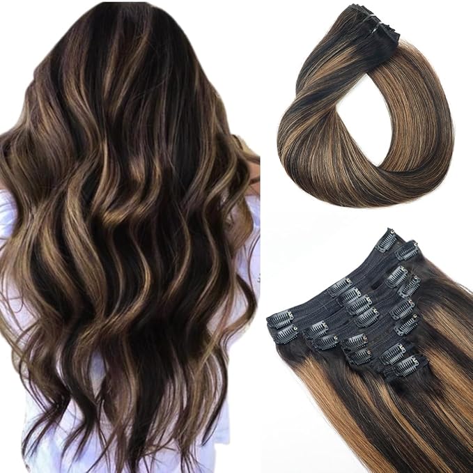 Balayage Clip in Hair Extensions Real Human Hair Straight Remy Human Hair Clip ins for Women, Natural Soft Human Hair, 8Pcs 120g, 16inch #1B/6/1B Balayage Natural Black to Chestnut Brown
