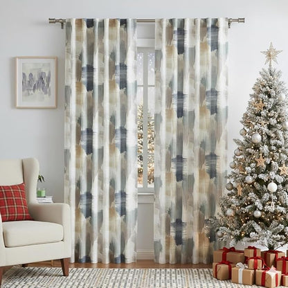 Kayne Studio Blue Tan Boho Abstract Rod Pocket Semi Sheer Curtains 84 Inch | - Image 8