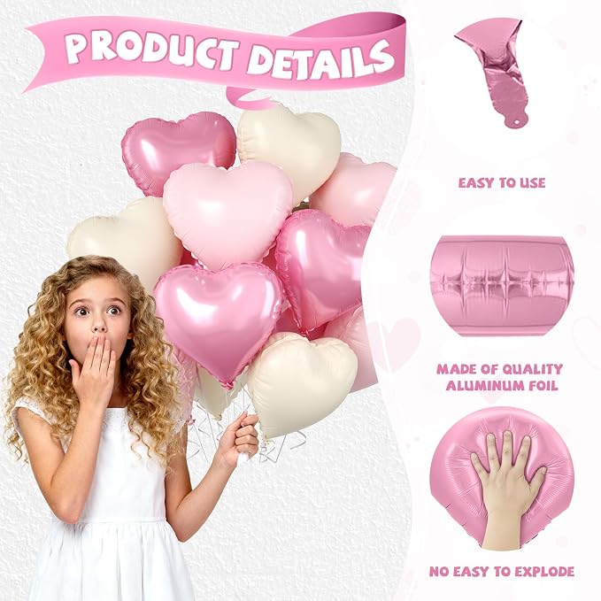 Pink Heart Balloons, 18 Inch Cream Sand White Balloons Helium - Image 3