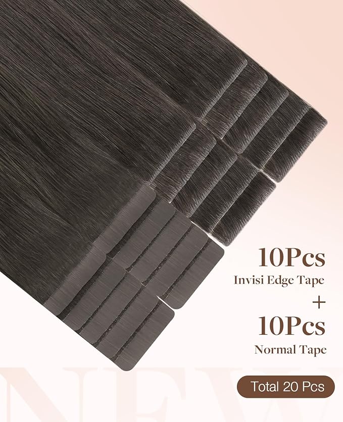 GOO GOO Invisi Edge Tape in Hair Extensions Human Hair, 1C Mocha Brown 10pcs injected with 10pcs classical tape ins, 12inch 40g, Virgin Remy Hair, Natural Look