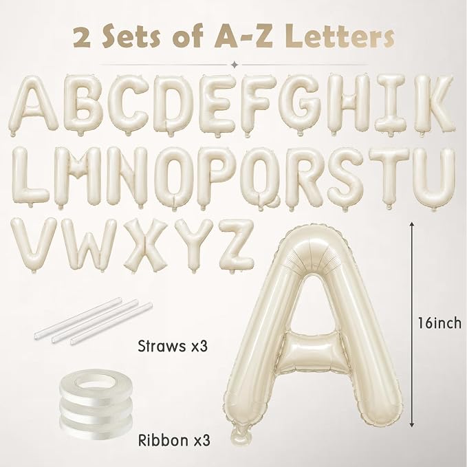 52 Pcs Cream Letter Balloons 16 Inch Mylar Foil Alphabet Letters 2 Sets A- Z - Image 2