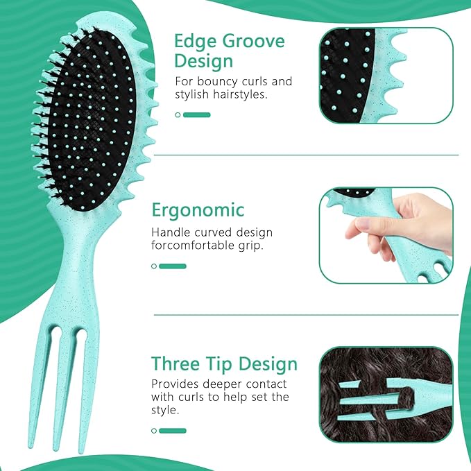 Curly Hair Brush Set,Curl Defining Brush for Curly Hair,Trident Handle Design,Detangling & Shaping & Defining Curls for Women and Girls,Wet or Dry Hair(Green)