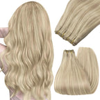 YoungSee Blonde Hair Extensions Weft Highlights Warm Ash Blond Mix Bleach Blonde Weft Extensions Human Hair Dyable Sew in Hair Extensions Real Human Hair for DIY 20Inch 100G