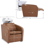 BarberPub Backwash Shampoo Station Chair, Adjustable Porcelain Ceramic Hair Wash Bowl Sink Unit Station, Reclining Shampoo Station Chair for Spa Beauty Salon Hair Salon Equipment 9303 (Brown)