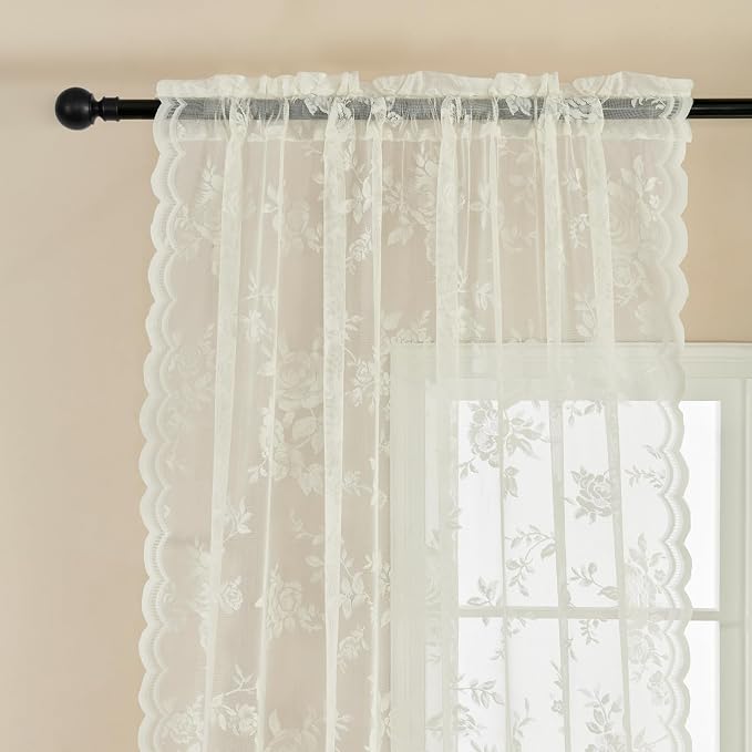 Cream Lace Curtains 120 Inches Long 2 Panels Victorian Floral Sheer Curtains - Image 3