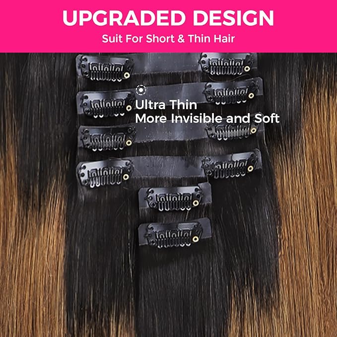 Lashey Seamless Clip in Hair Extensions Human Hair 14 Inch 130g 9pcs Straight Ombre Natural Black to Medium Auburn PU Clip in Hair Extensions Full Human Hair for Women