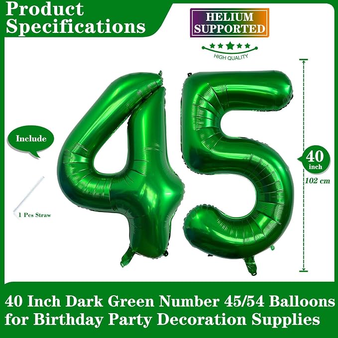 Dark Green 45 Number Balloons, 40 Inch Giant Number 45 Balloons Foil Mylar - Image 2