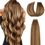 Lacer Tape in Hair Extensions Real Human Hair 20 Pieces 50 Grams Chocolate Brown to Strawberry Blonde Highlights with Chocolate Brown Roots R#4-4/27 22 Inches