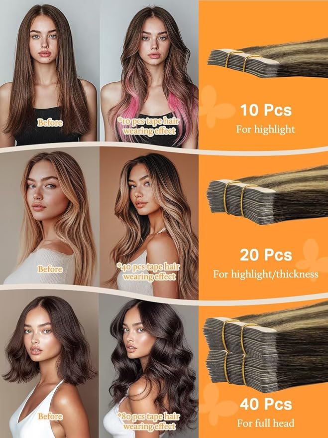 DOORES Tape in Hair Extensions Real Human Hair, 20pcs 50g 24 Inch Chocolate Brown Highlight Caramel Blonde, Remy Straight Tape in Extensions Seamless Skin Weft Natrual Human Remy