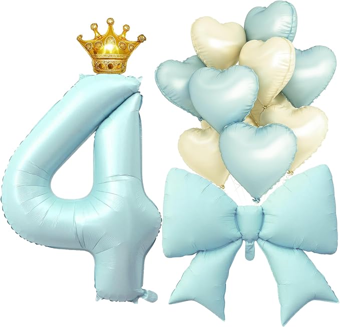 LilyZheng Pastel Blue Number 4 Foil Balloon & Bow Set, 4th Birthday Decorations by LILYZHENG