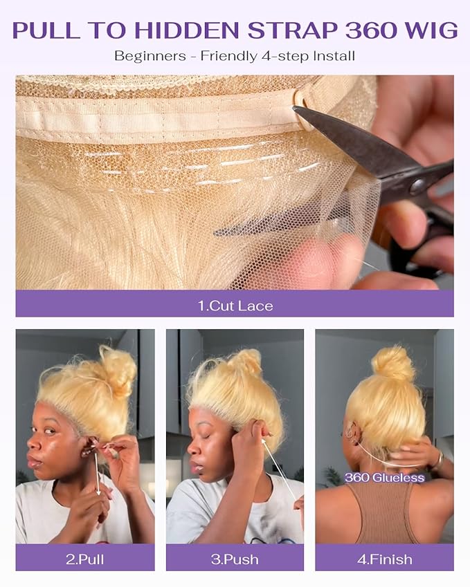 Hidden Strap Body Wave 360 613 Lace Front Wig Human Hair Glueless Wigs Human hair Pre Plucked Pre Bleached 180% Density Blonde Wig With Drawstring HD Full Lace Human Hair Wigs 24Inch