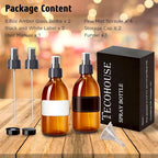 Tecohouse Amber Glass Spray Bottles 8.8 oz, 2 Pack Empty Spray Bottle for Essential Oils, Small Glass Bottles for Cleaning Solutions, Plants, Hair with Durable Nozzle, Labels, Funnel