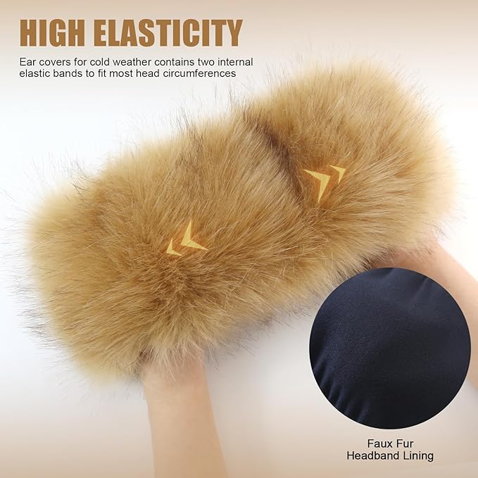 Faux Fur Headband for Women Elastic Fuzzy Thick Earmuffs Winter Headwrap Ear Muffs Furry Ear Warmers Cold Weather (Brown 1)
