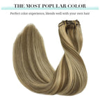 DOORES Clip in Hair Extensions, Ombre Medium Brown Highlighted Golden Blonde 24 Inch 7pcs 120g, Remy Hair Extensions Clip in Human Hair Extensions Natural Hair Extensions Thick Silky Straight