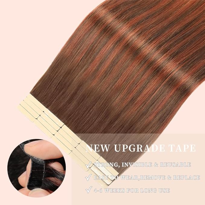 Chocolate Brown to Auburn Brown Tape in Hair Extensions Human Hair, 20pcs 16 Inch Remy Hair Extensions Straight Human Hair Tape in Extensions Skin Weft Tape Extensions Human Hair (#4/33/4,16 Inch)