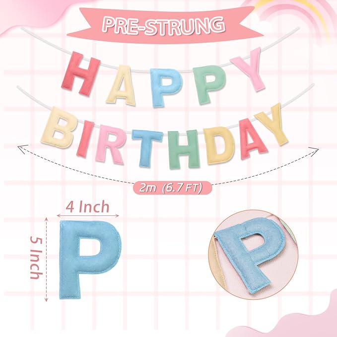 Felt Happy Birthday Banner, Pre-Strung 3D Birthday Rainbow Garland Banner | - Image 4