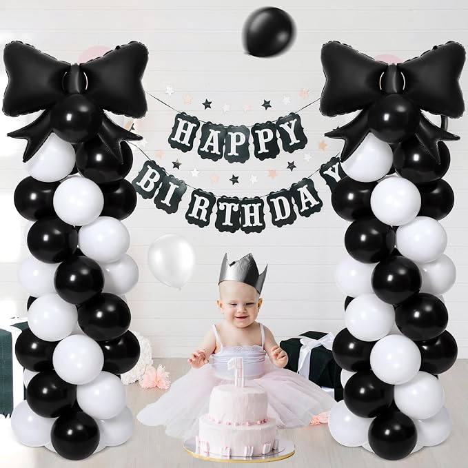 2 Sets Black White Bow Balloon Column Stand Kit Includes 2 Bows & 100 Latex - Image 7